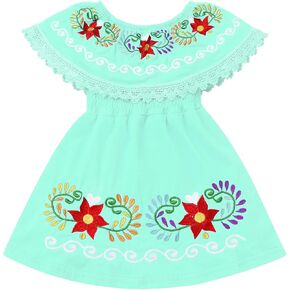 AWIBMK Baby Girls Mexican Dress Off Shoulder Floral Embroidered Dresses Cinco De Mayo Kids Traditional Ethnic Wear Outfit