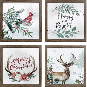 ArtbyHannah Framed Christmas Wall Art, Deer Christmas Wall Decor, 4 Pack 10x10 Inch Christmas Pictures Wall Decor with Robin, Cute Christmas Wall Decorations for Home, Bedroom, Bathroom, Living Room
