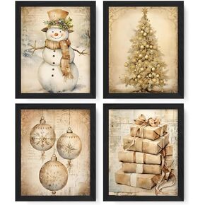 JXREQ Vintage Christmas Wall Decor, Retro Boho Beige Christmas Snowman Tree Posters Wall Art Prints Set of 4, Retro Christmas Wall Art Decor for Home Bedroom Living Room Office, 8x10 Unframed