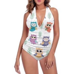 GETELINSENG Animals Pattern Women Halter One-Piece Swimsuit, Deep V Neck Slimming Tummy Control Bathing Suits