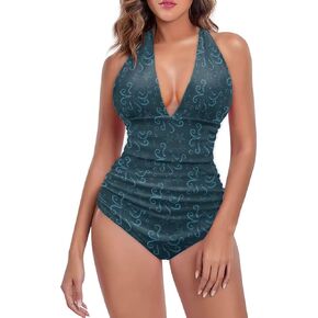GETELINSENG Animals Pattern Women Halter One-Piece Swimsuit, Deep V Neck Slimming Tummy Control Bathing Suits