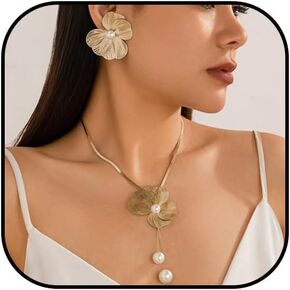 Gold Necklace and Earrings Set for Women Big Flower Earrings Floral Choker Necklaces for Girls Shiny Rhinestone Jewelry Sets Gifts for Women