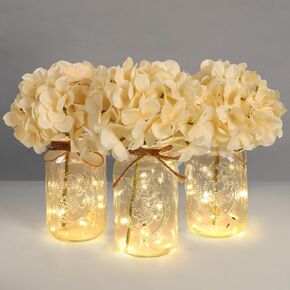 Set of 3 Mason Jar with Lights Blush Hydrangea Decorative Jars Flower Vase Farmhouse Table Centerpiece for Home Wedding Event Party Decor