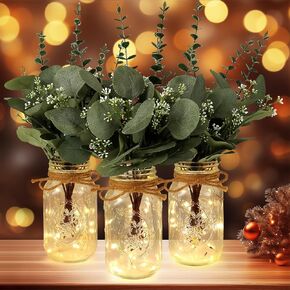 Set of 3 Mason Jar with Lights Blush Hydrangea Decorative Jars Flower Vase Farmhouse Table Centerpiece for Home Wedding Event Party Decor