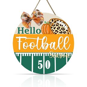 OLMIXA Hello Football Season Wooden Sign (12x12 inch), Autumn Football Sports Door Hanger, Gifts For Football Lover, Game Day Welcome Hanging Sign for Front Door Porch Club Decor