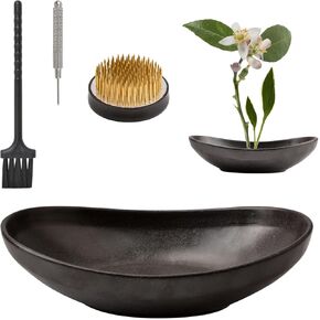 WANDIC Black Flower Arranger Supplies, Ingot Shaped Bowl & 5cm Floral Frog for Ikebana Ceramic Floral Vase for Plant Arranging Floristry Container