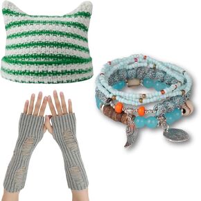 CORIRESHA Therian Emo Clothing Cat Ear Y2k Beanie Grunge Fingerless Gloves Bohemian Stacked Bracelets Set