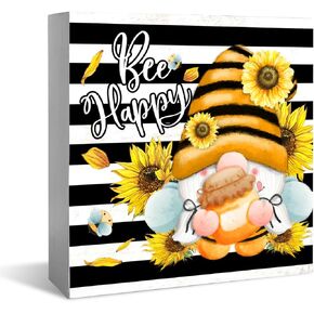 Farmhouse Bee Happy Table Decor Wood Box Sign Desk Decor, Summer Gnomes Sunflower Box Sign Wood Home decor, Wooden Plaque Summer Gnomes Decorations for Home 5 x 5 Inches