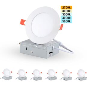 6 Pack 5inch 5CCT Led Recessed Light with Junction Box, 2700K-5000K Selectable, 10W Eqv 70W, 800LM Dimmable Ultra Thin LED Downlight