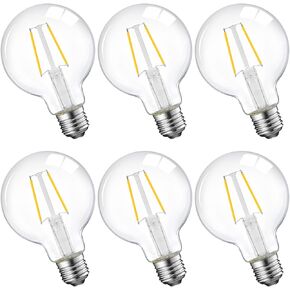 لمبة إضاءة إديسون LED حيوية، 5 وات قابلة للتعتيم، شكل الكرة الأرضية G25، زجاج شفاف، ما يعادل 60 وات، 4000 كلفن أبيض بارد، 500 لومن، ضوء عيد الميلاد G80، قاعدة قياسية E26، مدرجة في قائمة UL، 6 عبوات