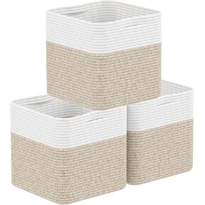 Storage Cotton Cube 11 Inch, Woven Cotton Rope Storage Basket for Toys Blanket Organizing, Storage Bin Decorative Organizer with Handles for Living Room Laundry Room Closet (1 Pack, Grey)