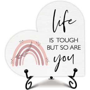 Desk Decorations For Women Office, Life Is Tough But So Are You' Inspirational Gift For Her, Wooden Heart-Shaped Plaque, 5x5 Inches.