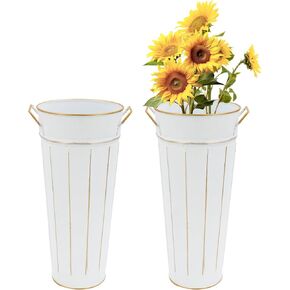 Galvanized Metal Vases 12inch Rustic Farmhouse French Flowers Bucket Vase for Home Decor and Wedding Table Centerpieces (Silver Set of 2)