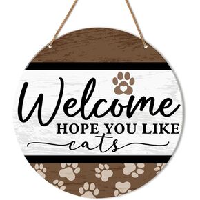Cat Welcome Sign for Front Door, Cat Welcome Hanging Sign for Home Porch Rustic Wall Decorations Gift for Cat Mom Dad Lover Own, Welcome Hope You Like Cats in Kuwait