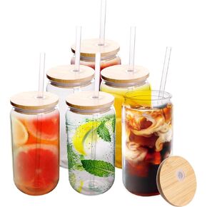 16oz Drinking Clear Cups with Chroma Lids, Clear Plastic Mason Jar Acrylic Cups, Shatterproof Drinking Jars for Smoothies, Cold Brew, Beer, Coffee, Milk Tea (6 Pack, Multicolor Lids)