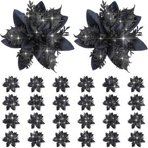 24 Pieces Christmas Glitter Poinsettia Flowers 5.5 Inch Artificial Christmas Flowers Xmas Artificial Glitter Flowers for Christmas Tree Ornament Party Decorations Wreath Garlands (Black)
