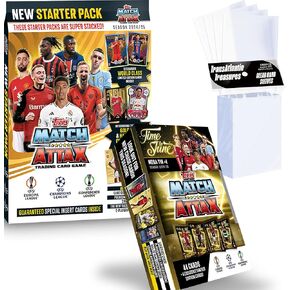 حزمة بطاقات كرة القدم Topps Match Attax 2024-2025 للمبتدئين + علبة ميجا عشوائية + 100 حافظة حماية للبطاقات، 71 بطاقة - 6 بطاقات حصرية ذات إصدار محدود + غلاف ضخم ممتاز in Kuwait