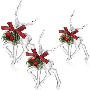 Jenaai 3 Pcs Christmas Reindeer Figurine Acrylic Reindeer Desk Decorations Deer Figurine Christmas Centerpieces for Tables with Green Pine Needle and Red Berries Christmas Figurines for Party Supplies