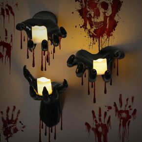 Gothic Halloween Decorations Indoor/Outdoor, Set of 3 Wall-Mounted Hanging Wall Art Home Decorations, Creepy Reaching Hands with Lighted Candles, Life-Sized Horror Hands for Wall Decorations.