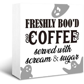 Halloween Decor, Halloween Coffee Decor, Rustic Box Sign Decor Tabletop, Halloween Table Desk Decor, Coffee Bar Decor, Home Kitchen Decor, Freshly Boo'd Coffee Sign Wooden Plaque 5 * 5inch