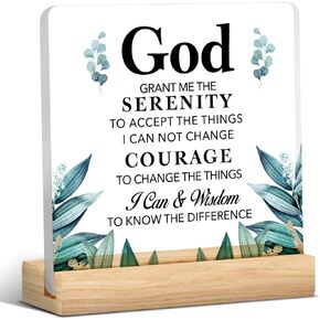 Christian Gifts God Grant Me the Serenity Clear Desk Decorative Sign Bible Quotes Faith Prayer Acrylic Plaque With Wooden Stand 4x4 Inch Sign Home Desk Decor
