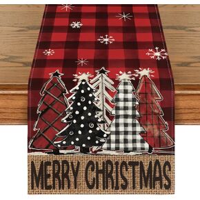 Artoid Mode Black Red Buffalo Plaid Xmas Trees Merry Christmas Table Runner, Seasonal Winter Holiday Kitchen Dining Table Decoration for Home Party Decor 13x72 Inch