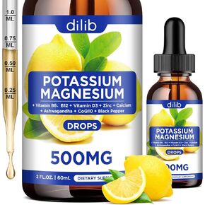 Potassium Magnesium Citrate Supplement, Liquid Magnesium Citrate Drops 500mg with Ashwagandha, Calcium, Zinc, Vitamin D3, B6, B12, CoQ10 - Vegan 2 fl oz Pineapple Flavor