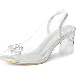 Perphy Clear Slingback Rhinestone Peep Toe Block Heels Sandals for Women