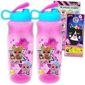 L O L Dolls Plastic Water Bottle Set for Girls 4 pc Bundle with 2 LOL Reusable Bottles For Home, School, and Sports, Stickers, and Door Hanger | LOL Dolls School Supplies