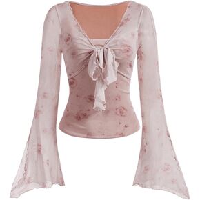 Verdusa Women's Lettuce Trim Floral Print Mesh Tie Front Long Sleeve Tee Shirt Top