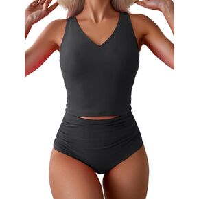 Eomenie Two Piece Tankini Swimsuits for Women Tummy Control Bathing Suits Cutout Back Swim Tank Top with High Waisted Bottom