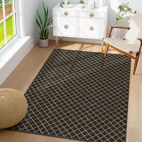 Lahome Checkered Black Rug for Living Room, 6x9 Boho Bedroom Area Rug Stain Resistant Dining Room Rugs for Under Table, Washable Cotton Diamond Rug Black Carpet for Office Bedside Nursery