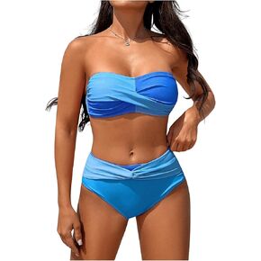 MakeMeChic Women's Colorblock 2 Piece Strapless Swimsuit Twist Front High Waisted Bikini Sets Bathing Suits