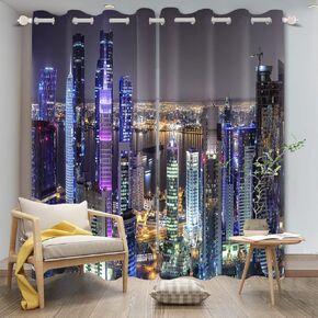 New York Night View Blackout Curtains Urban Skyline Skyscraper Modern City Buildings Curtain for Office Living Room Bedroom Decor Window Drapes 2 Panel Set, 52x84 Inches
