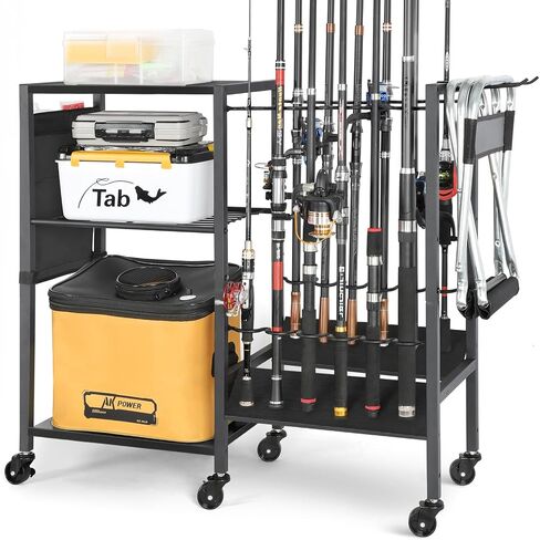 Olakee Fishing Rod Holders Fishing Gear Fishing Equipment Organizers Fishing Pole Holders Fishing Rod Tackle Cart for Garage Home Entryway Corner Gift Ideas for Men Dad in Saudi Arabia