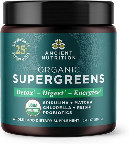 Ancient Nutrition Super Greens Powder, Organic Superfood Powder with Probiotics Made with Spirulina, Chlorella, Matcha, and Digestive Enzymes, 50 Servings, 14.1 oz in Saudi Arabia