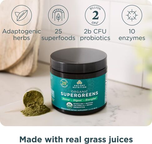 Ancient Nutrition Super Greens Powder, Organic Superfood Powder with Probiotics Made with Spirulina, Chlorella, Matcha, and Digestive Enzymes, 50 Servings, 14.1 oz in Saudi Arabia