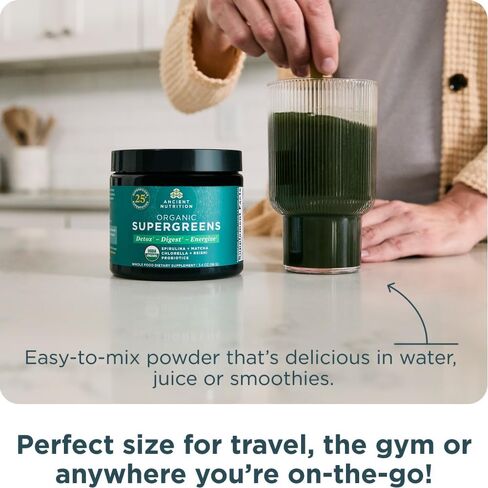 Ancient Nutrition Super Greens Powder, Organic Superfood Powder with Probiotics Made with Spirulina, Chlorella, Matcha, and Digestive Enzymes, 50 Servings, 14.1 oz in Saudi Arabia