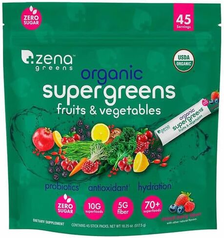 Zene Greens Organic Superfood Blend | Probiotics, Antioxidants, Hydration | 10g Superfoods, 5g Fiber | 70+ Superfoods | 45 Packets in Saudi Arabia