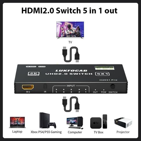 HDMI 2.0 Switch 4 in 1 Out, 4K@60Hz 4 Ports HDMI Switcher Selector with IR Remote Control, Supports HDCP 2.2 UltraHD HDR10 3D, Compatible for Xbox PS3/4/5 Roku TV Projector Apple TV Fire Stick Black in Saudi Arabia