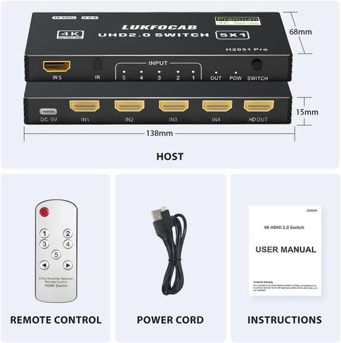 HDMI 2.0 Switch 4 in 1 Out, 4K@60Hz 4 Ports HDMI Switcher Selector with IR Remote Control, Supports HDCP 2.2 UltraHD HDR10 3D, Compatible for Xbox PS3/4/5 Roku TV Projector Apple TV Fire Stick Black in Saudi Arabia