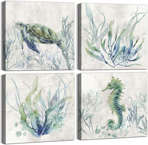 WZSart Ocean Animals Plants Bathroom Decor Canvas Wall Arts Watercolor Sea Turtle Seahorse Seaweed Printed Pictures Artwork Vintage Painting Decoration for Bathroom Living Room Kithcen Ready to Hang in Saudi Arabia