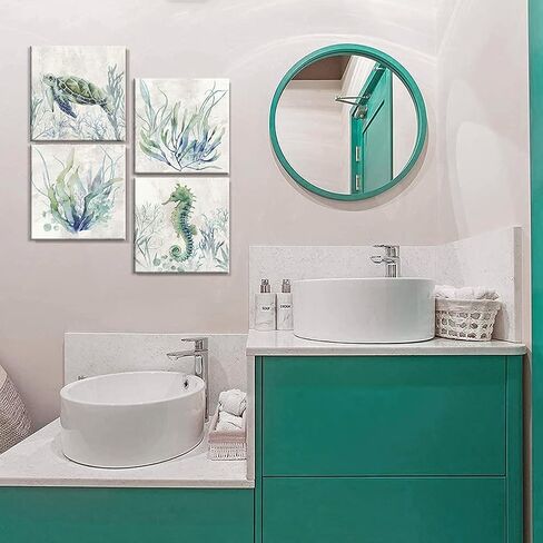 WZSart Ocean Animals Plants Bathroom Decor Canvas Wall Arts Watercolor Sea Turtle Seahorse Seaweed Printed Pictures Artwork Vintage Painting Decoration for Bathroom Living Room Kithcen Ready to Hang in Saudi Arabia