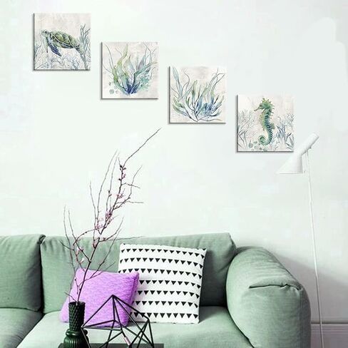 WZSart Ocean Animals Plants Bathroom Decor Canvas Wall Arts Watercolor Sea Turtle Seahorse Seaweed Printed Pictures Artwork Vintage Painting Decoration for Bathroom Living Room Kithcen Ready to Hang in Saudi Arabia