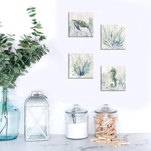 WZSart Ocean Animals Plants Bathroom Decor Canvas Wall Arts Watercolor Sea Turtle Seahorse Seaweed Printed Pictures Artwork Vintage Painting Decoration for Bathroom Living Room Kithcen Ready to Hang in Saudi Arabia