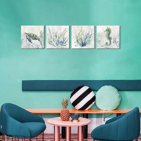 WZSart Ocean Animals Plants Bathroom Decor Canvas Wall Arts Watercolor Sea Turtle Seahorse Seaweed Printed Pictures Artwork Vintage Painting Decoration for Bathroom Living Room Kithcen Ready to Hang in Saudi Arabia