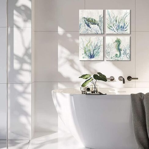 WZSart Ocean Animals Plants Bathroom Decor Canvas Wall Arts Watercolor Sea Turtle Seahorse Seaweed Printed Pictures Artwork Vintage Painting Decoration for Bathroom Living Room Kithcen Ready to Hang in Saudi Arabia