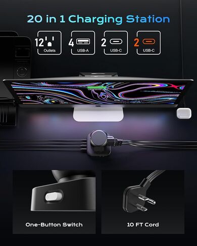 65W Fast Charging Station, Flat Plug Power Strip Tower with 12 AC Outlets & 8 USB Ports (2 PD USB-C Ports), 10FT Extension Cord, Compatible for MacBook Pro, iPhone Series. in Saudi Arabia