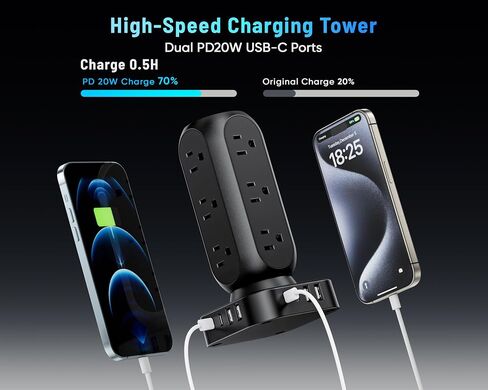 65W Fast Charging Station, Flat Plug Power Strip Tower with 12 AC Outlets & 8 USB Ports (2 PD USB-C Ports), 10FT Extension Cord, Compatible for MacBook Pro, iPhone Series. in Saudi Arabia