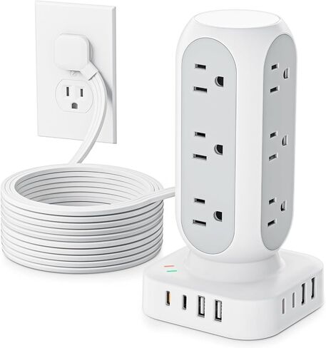65W Fast Charging Station, Flat Plug Power Strip Tower with 12 AC Outlets & 8 USB Ports (2 PD USB-C Ports), 10FT Extension Cord, Compatible for MacBook Pro, iPhone Series. in Saudi Arabia